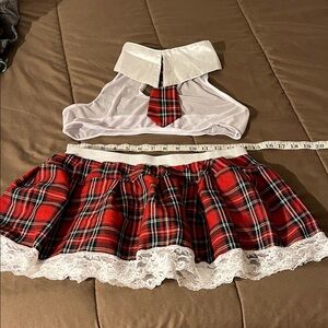 Chic Red Plaid Skirt lingerie Set with Lace Hem